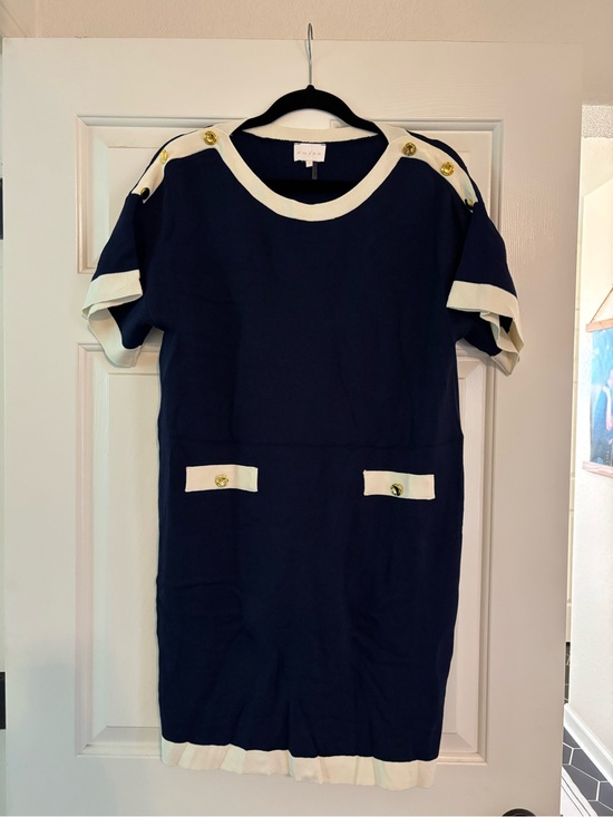 entro Dresses & Skirts - entro Navy and Cream Short Sleeve Mini Dress with Gold Buttons